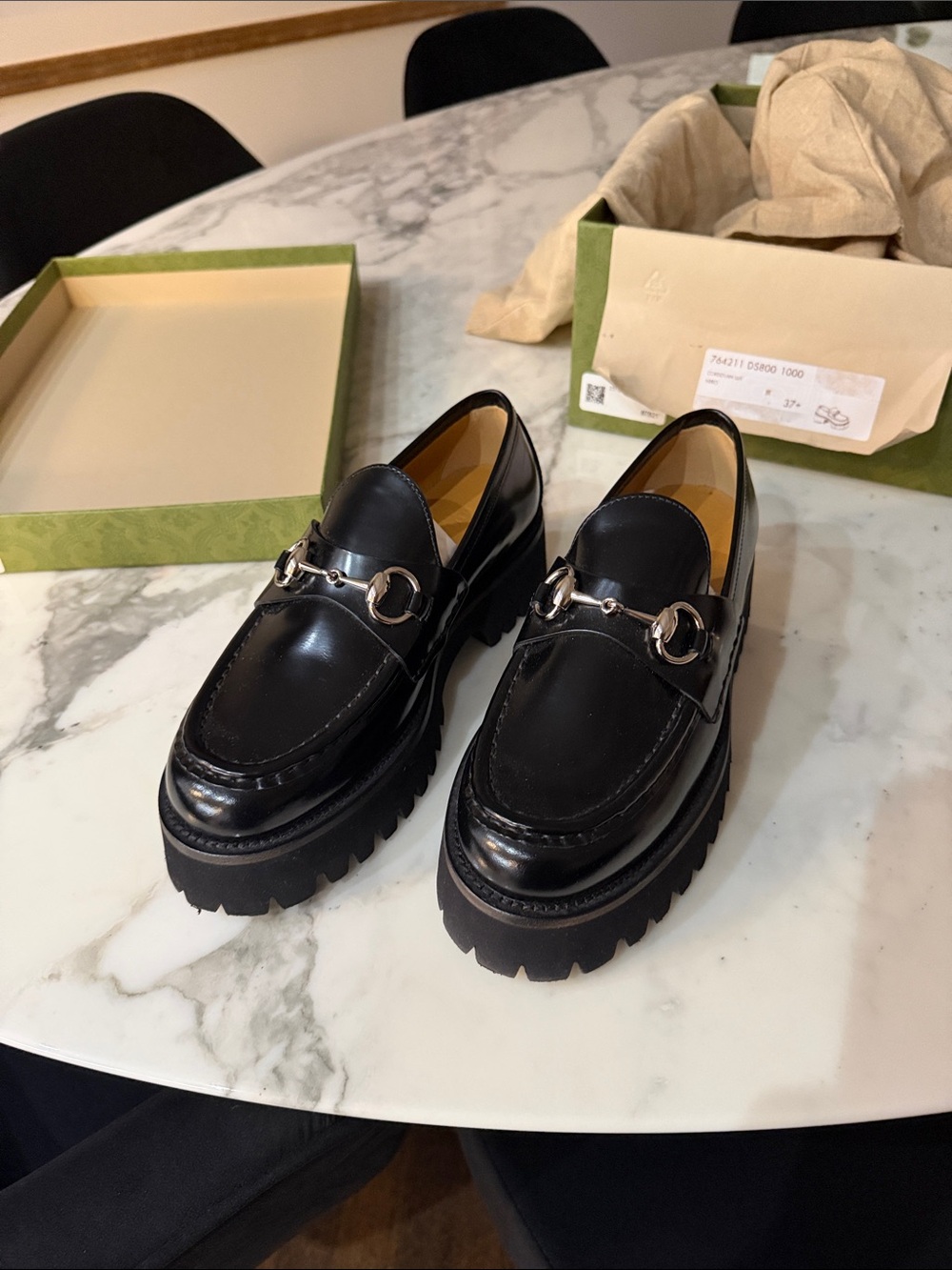 Gucci Black Leather Horsebit Lug Sole Loafers